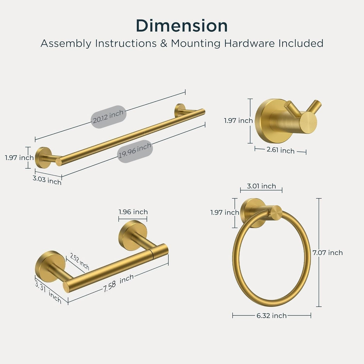 Bathroom Accessories, 4-Piece Bathroom Hardware Set - 18" Towel Bar | Brushed Gold | Towel Hooks, Towel Racks