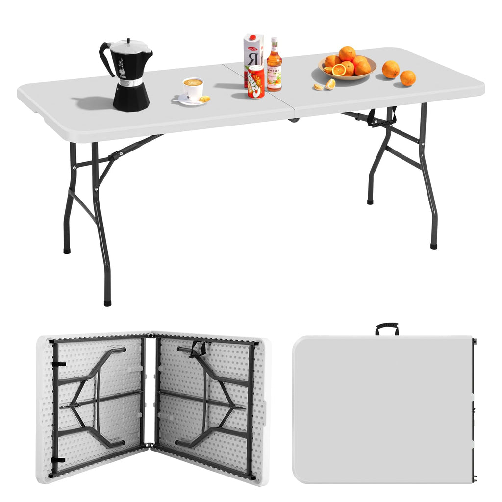 6FT Folding Table, Heavy Duty Plastic Table Portable Fold-in-Half Utility Table Indoor Outdoor Picnic Table w/Handle