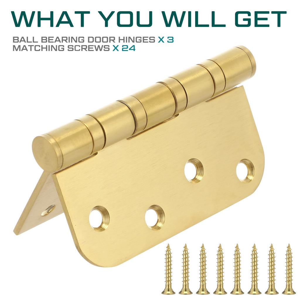 4'' Ball Bearing Door Hinge, 4 x 4 Inch Exterior Door Hinge, 3 Pack, Gold