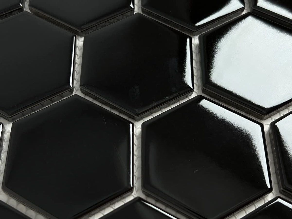 Hexagon 2 Inch Glossy Porcelain Floor Wall Mosaic Tile Shower, Kitchen Backsplashes, Accent Wall, Pool Tile (1, Black)