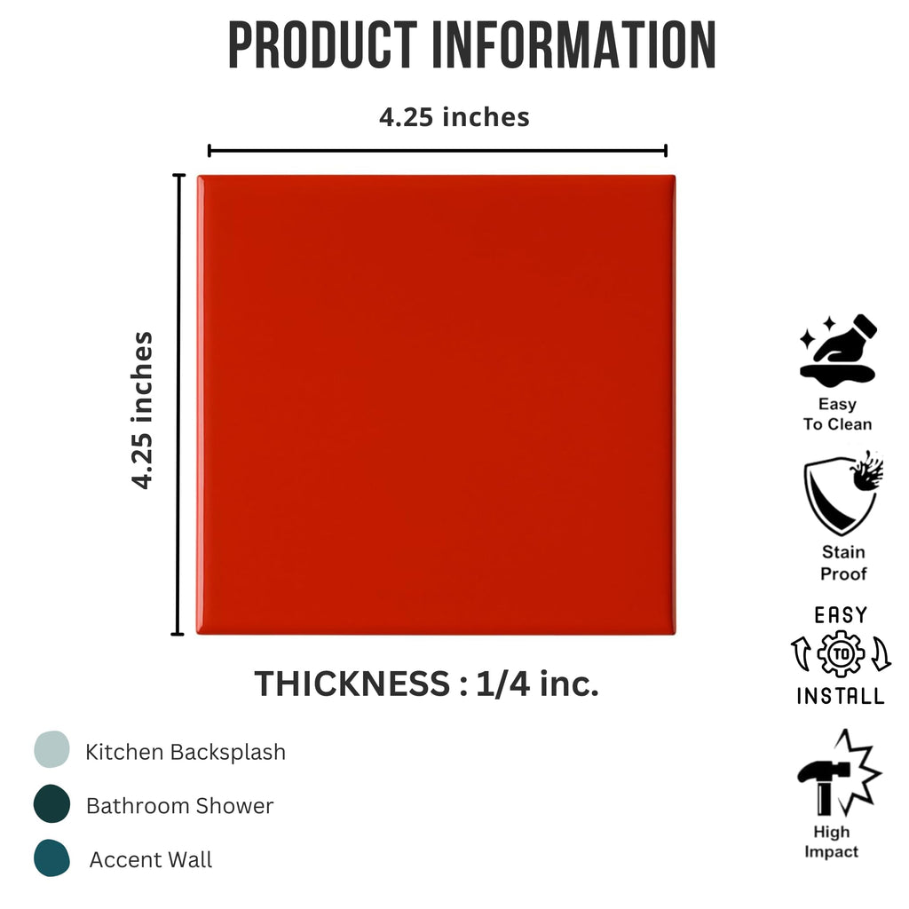 4.25x4.25 Inch Glossy Red Ceramic Wall Tile by - Box of 10 Pieces (1 Sq Ft) for Classic Kitchen Backsplash, Bathroom