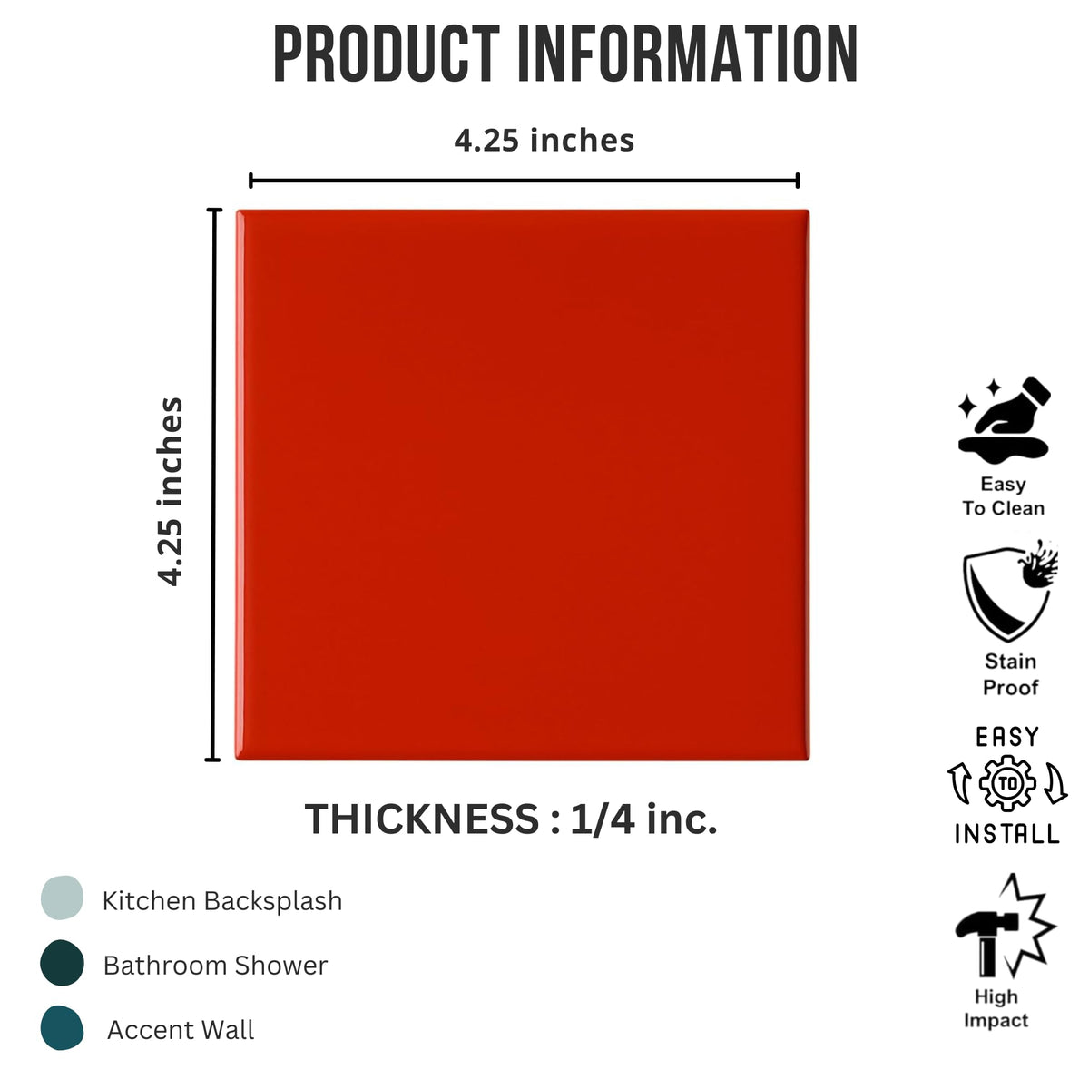 4.25x4.25 Inch Glossy Red Ceramic Wall Tile by - Box of 10 Pieces (1 Sq Ft) for Classic Kitchen Backsplash, Bathroom