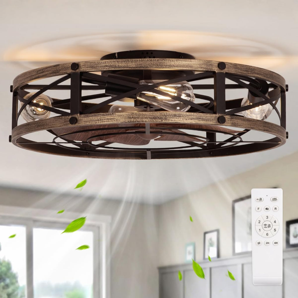 22" Flush Mount Caged Ceiling Fan with Light & Remote