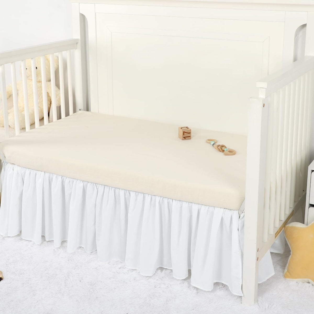 White Crib Skirt 28"X52" with 14" Drop, Ruffle Crib Bed Skirt for Baby Boys Girls, Fit Toddler Beds, Standard Crib
