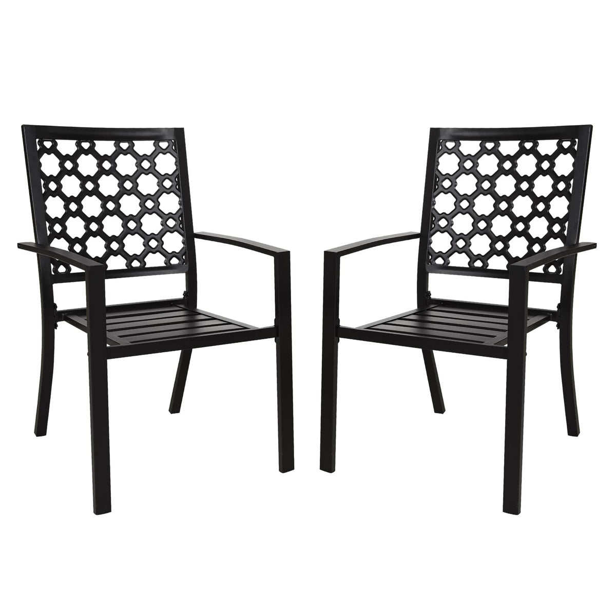 Stackable Patio Chairs Set of 2, Black Powder-Coated Metal Outdoor Dining Chairs, High Back Durable Heavy Duty
