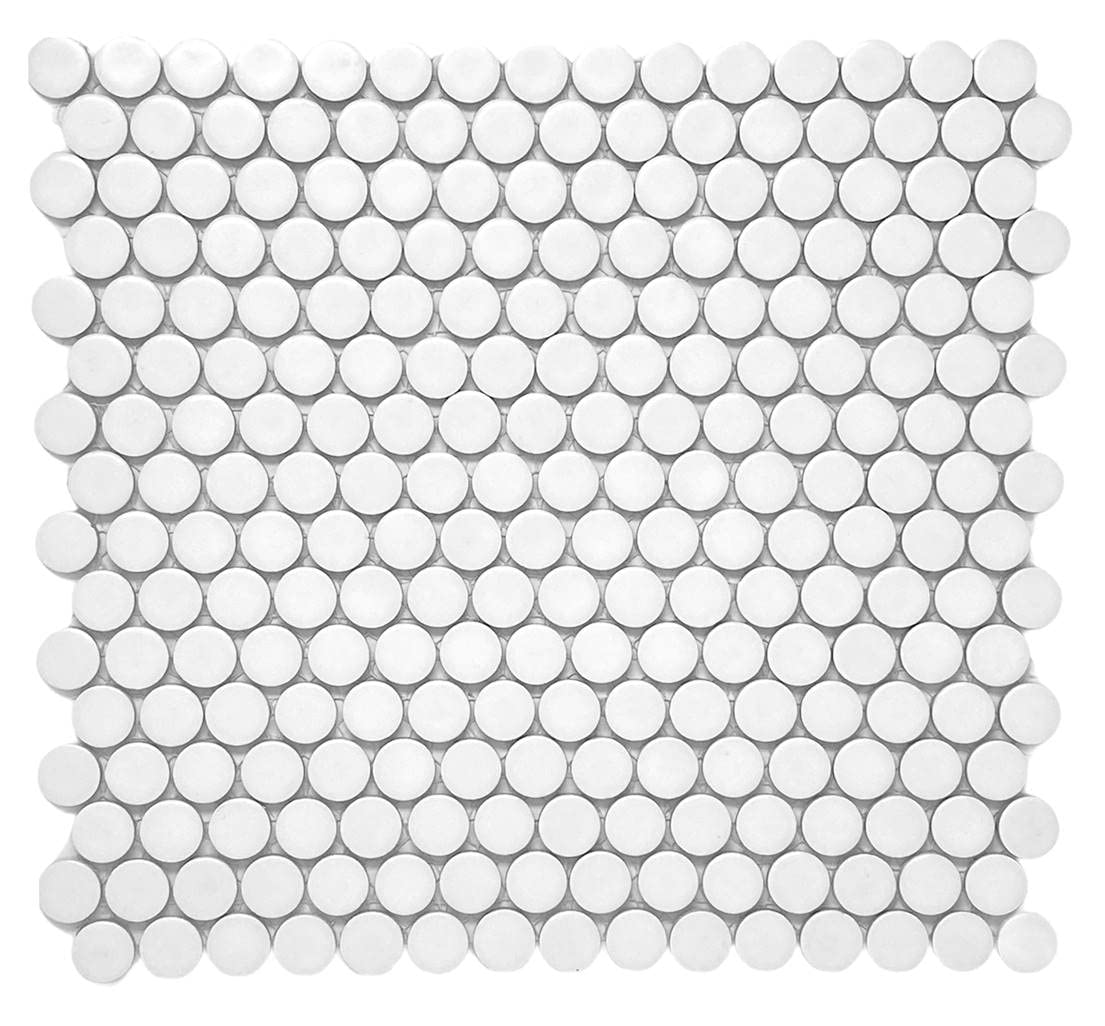 Arctic White Penny Round Porcelain Mosaic Tile - Matte Finish Floor, Kitchen Backsplash, Accent Walls, Shower