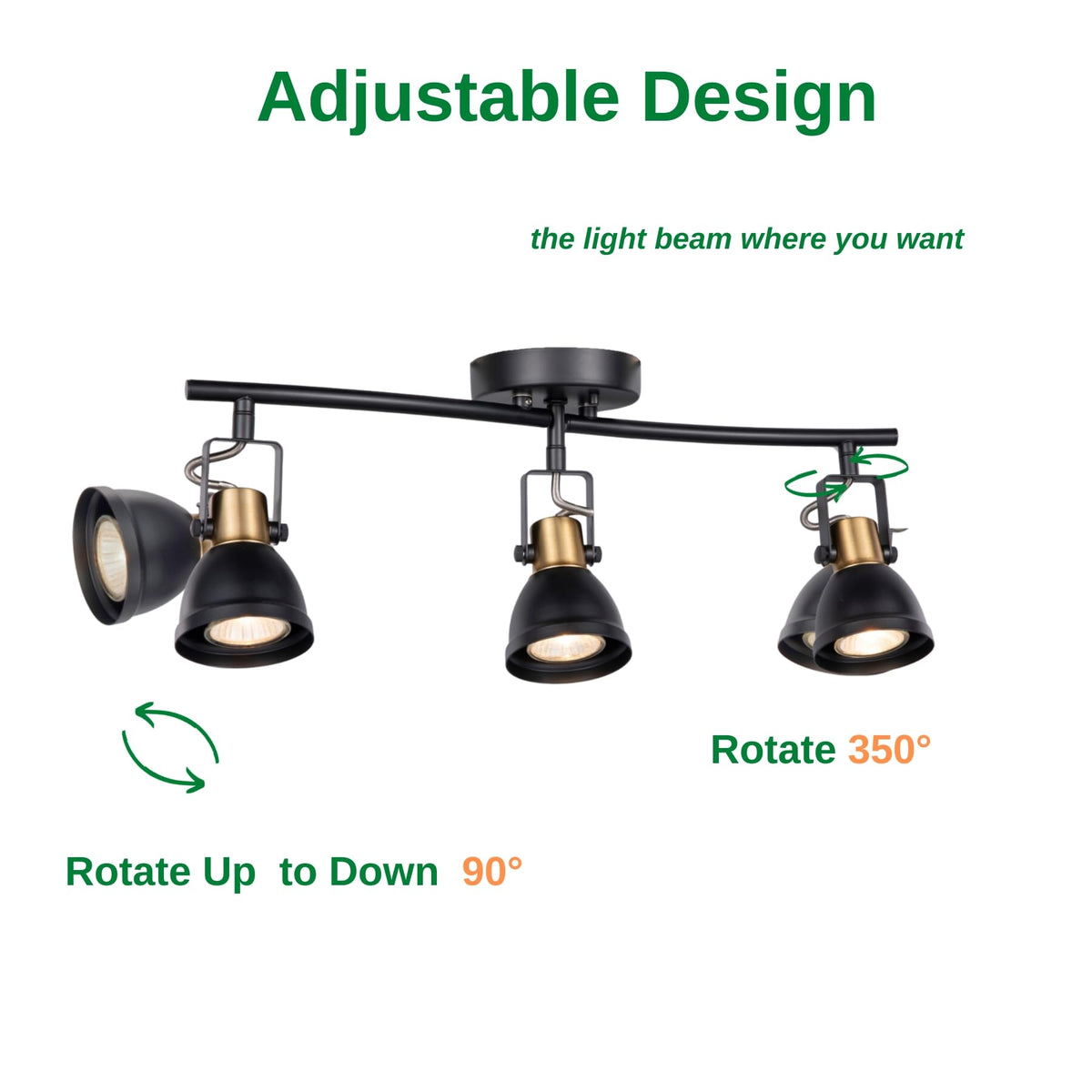 3 Light Foldable Track Lighting Kit, Matte Black Brass Finish Pivot Shades Rotatable Arm with GU10 Socket Modern