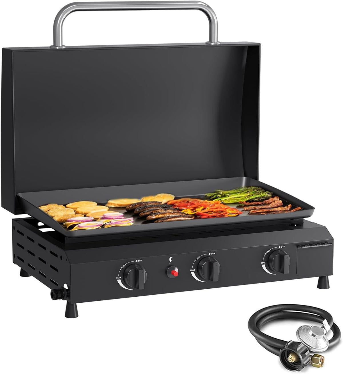 3-Burner Propane Gas Griddle with Hood, 23.3-Inch Portable Flat Top Grill, 45,000 BTU Outdoor Camping Griddle