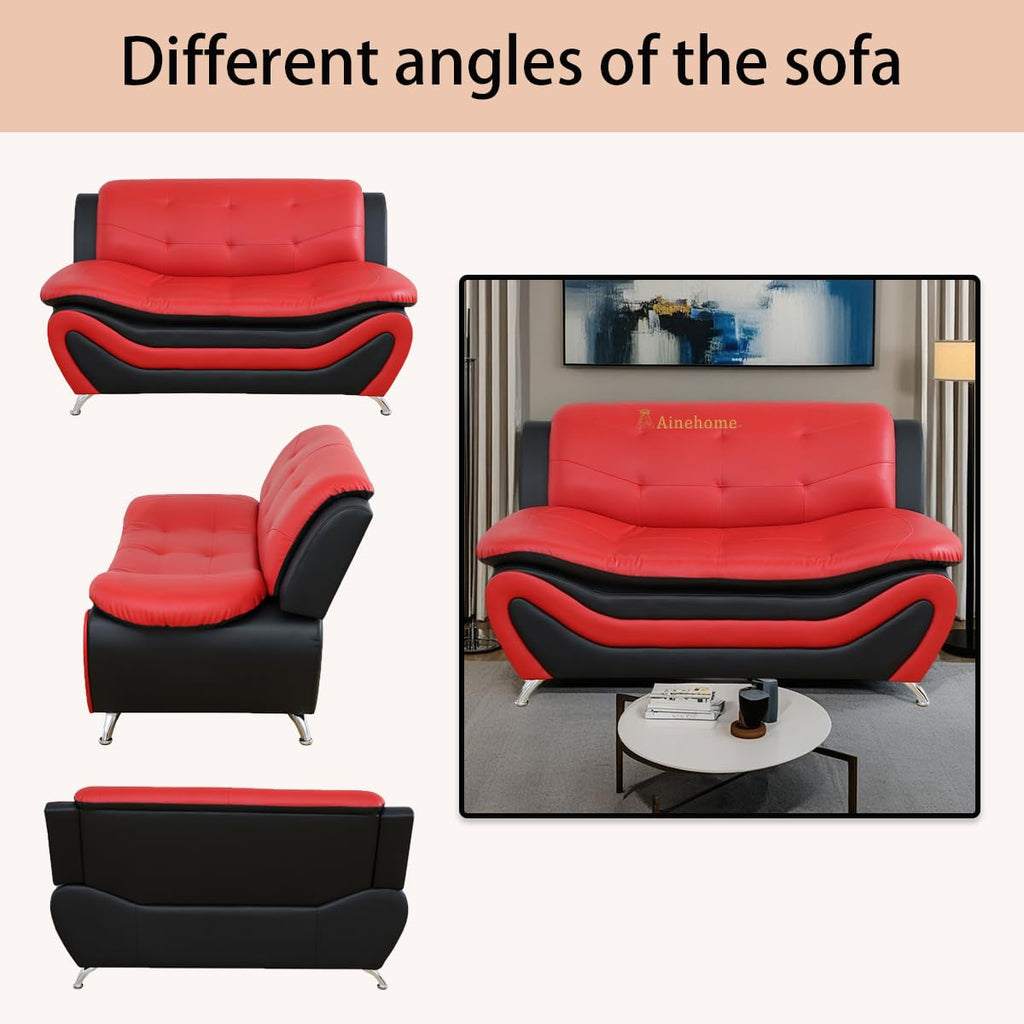 Sectional Sofa Set, Modern Faux Leather Living Room Furniture - 6-Seat Sofa & Loveseat & Chair (C-red/Black)