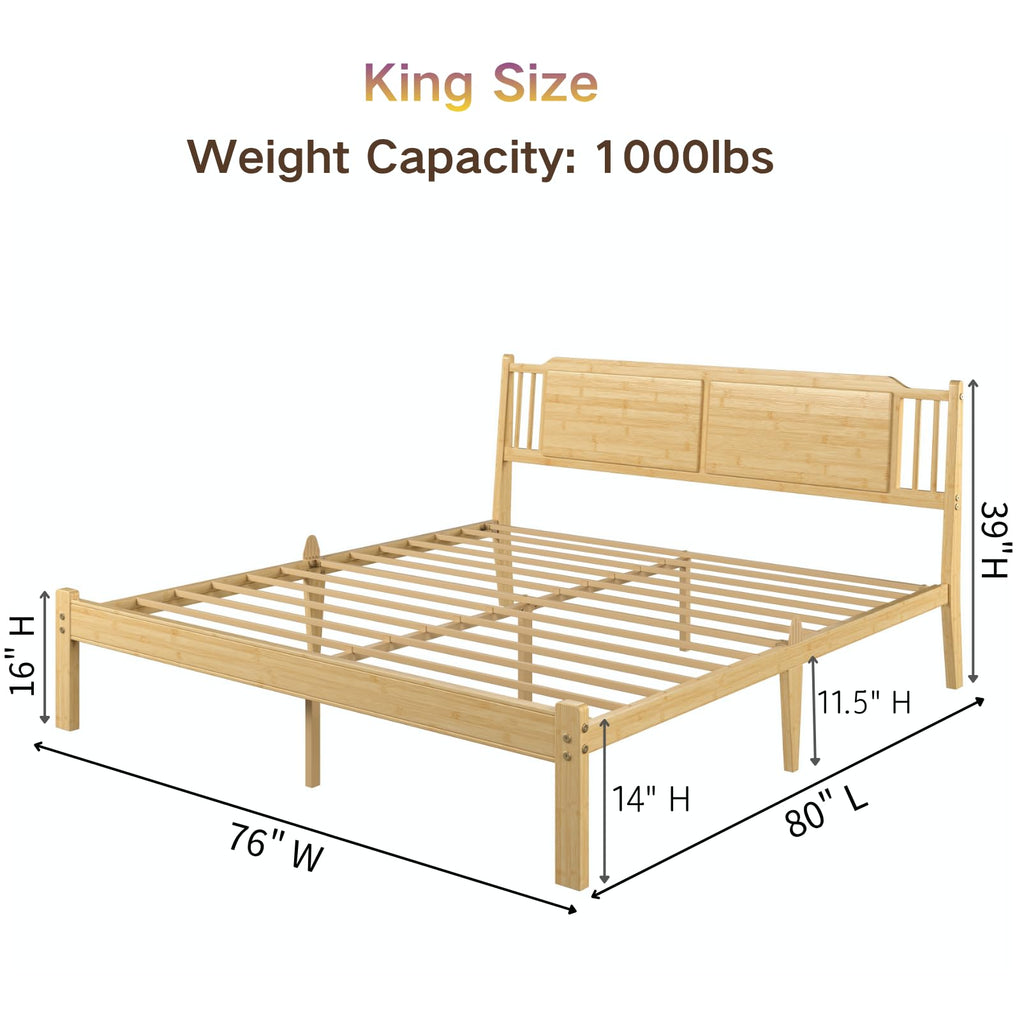 14 Inch Bamboo Wood King Bed Frame with Headboard