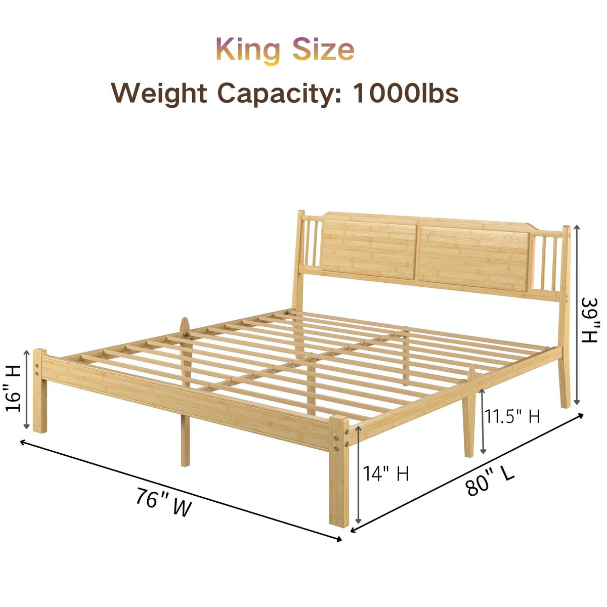 14 Inch Bamboo Wood King Bed Frame with Headboard