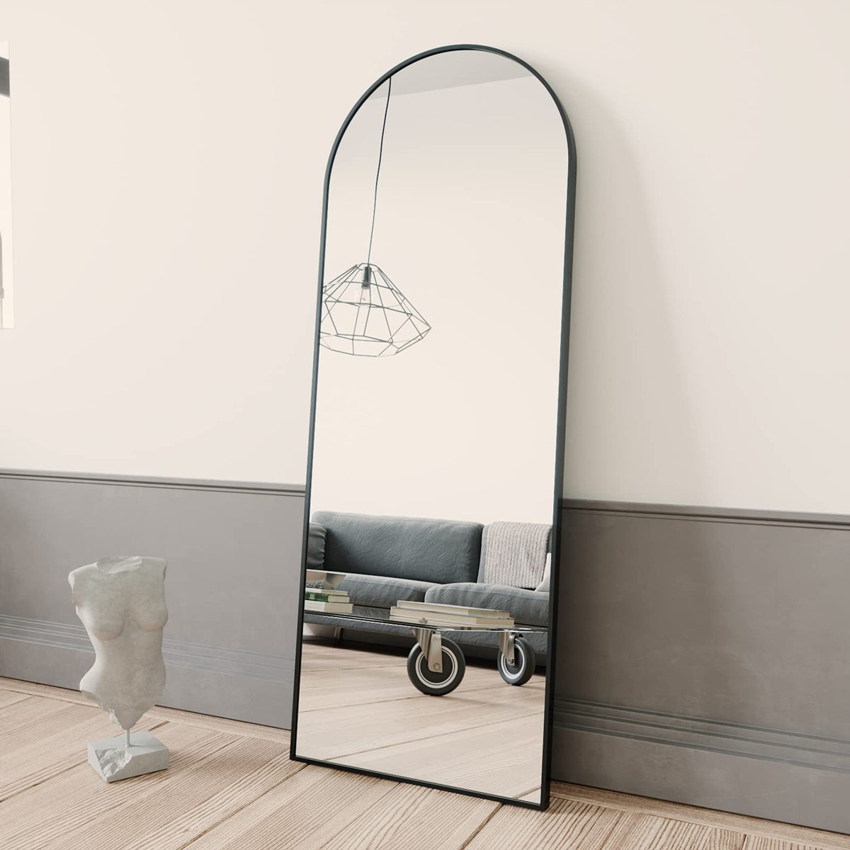 64"x21" Arch Full Length Mirror, Hanging or Leaning Arched-Top Full Body Mirror with Stand, Dressing Room, Black