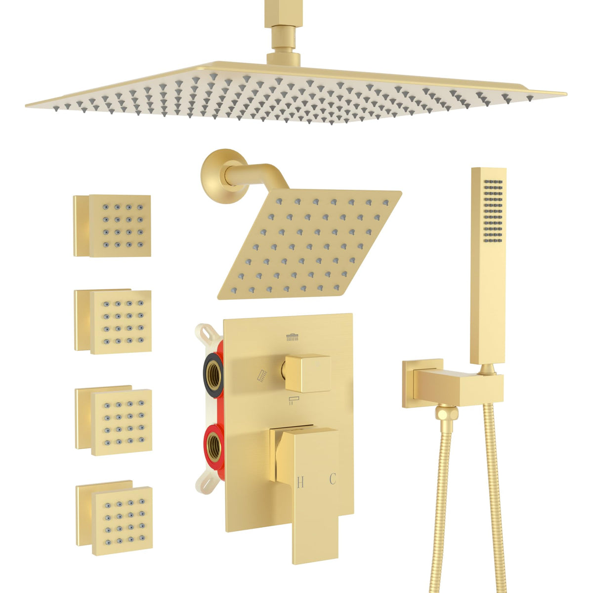 Dual Shower Head Shower System with Body Jets, 12" Ceiling Mounted Rain Shower Head & 6" Wall Mounted Head Full Body