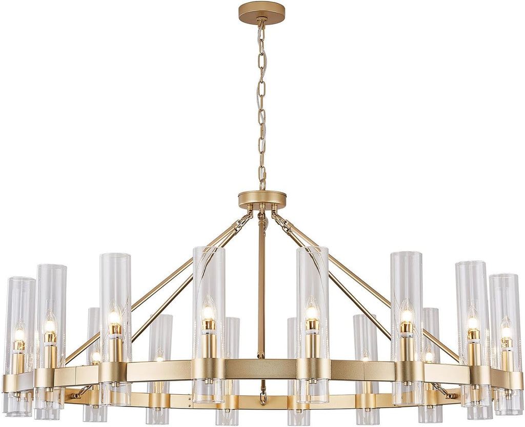 Inspired Ravelle Style Gold Wagon Wheel Chandelier with Glass Shape D50 Large Round Chandelier Lighting for High Ceiling, Hanging Pendant Light Fixtures for Living Room, Dining Room (Gold + Glass Shape)