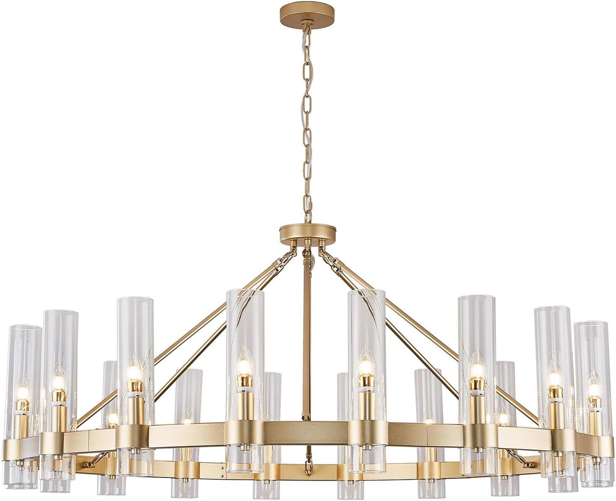 Inspired Ravelle Style Gold Wagon Wheel Chandelier with Glass Shape D50 Large Round Chandelier Lighting for High Ceiling, Hanging Pendant Light Fixtures for Living Room, Dining Room (Gold + Glass Shape)