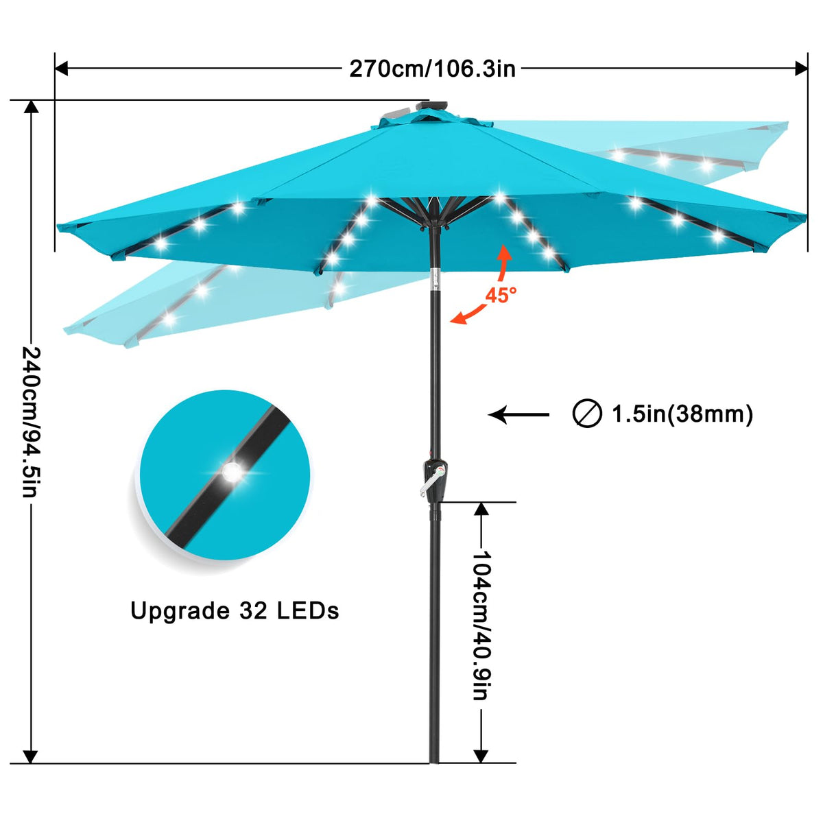 Solar Led Patio Umbrella with 32 Lights 9FT(Lake)