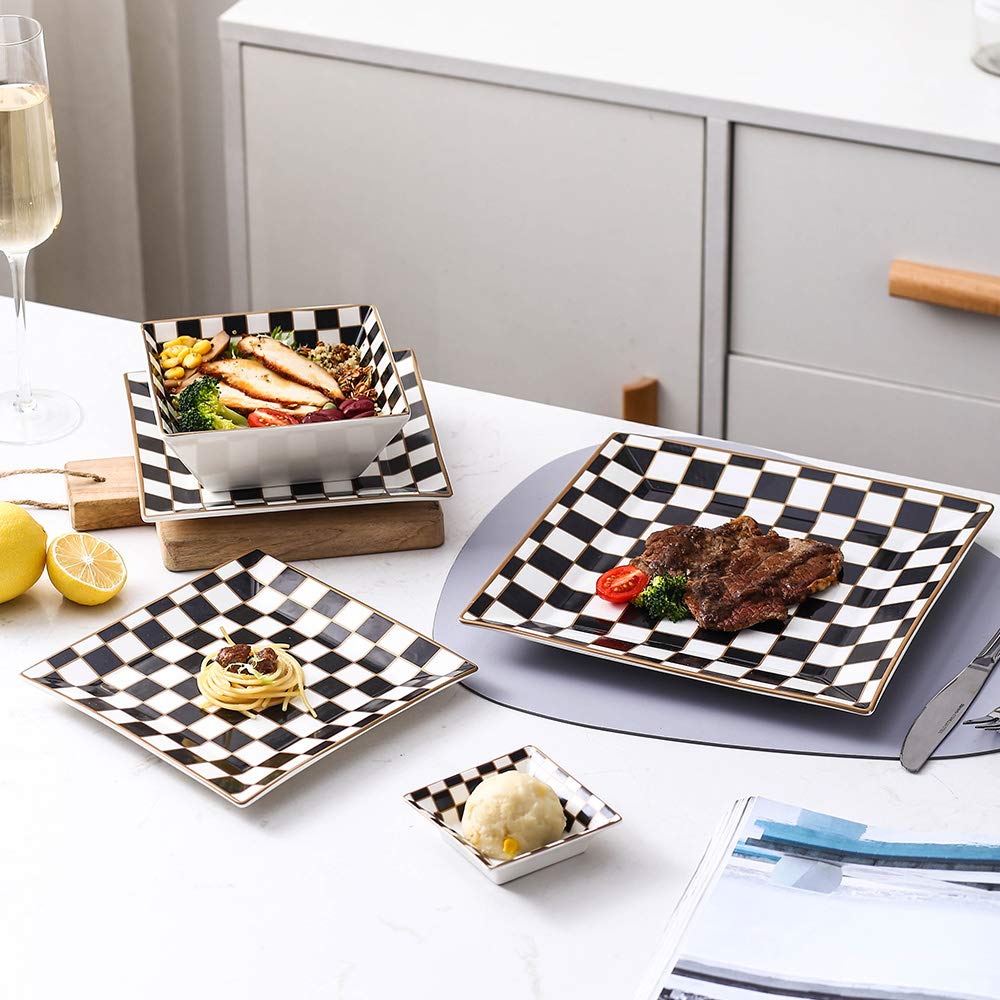 Checker Porcelain Square Dinnerware Set for 4, Dishes Set for 4 with 3.3-inch Dipping Saucers, Black and White Plates