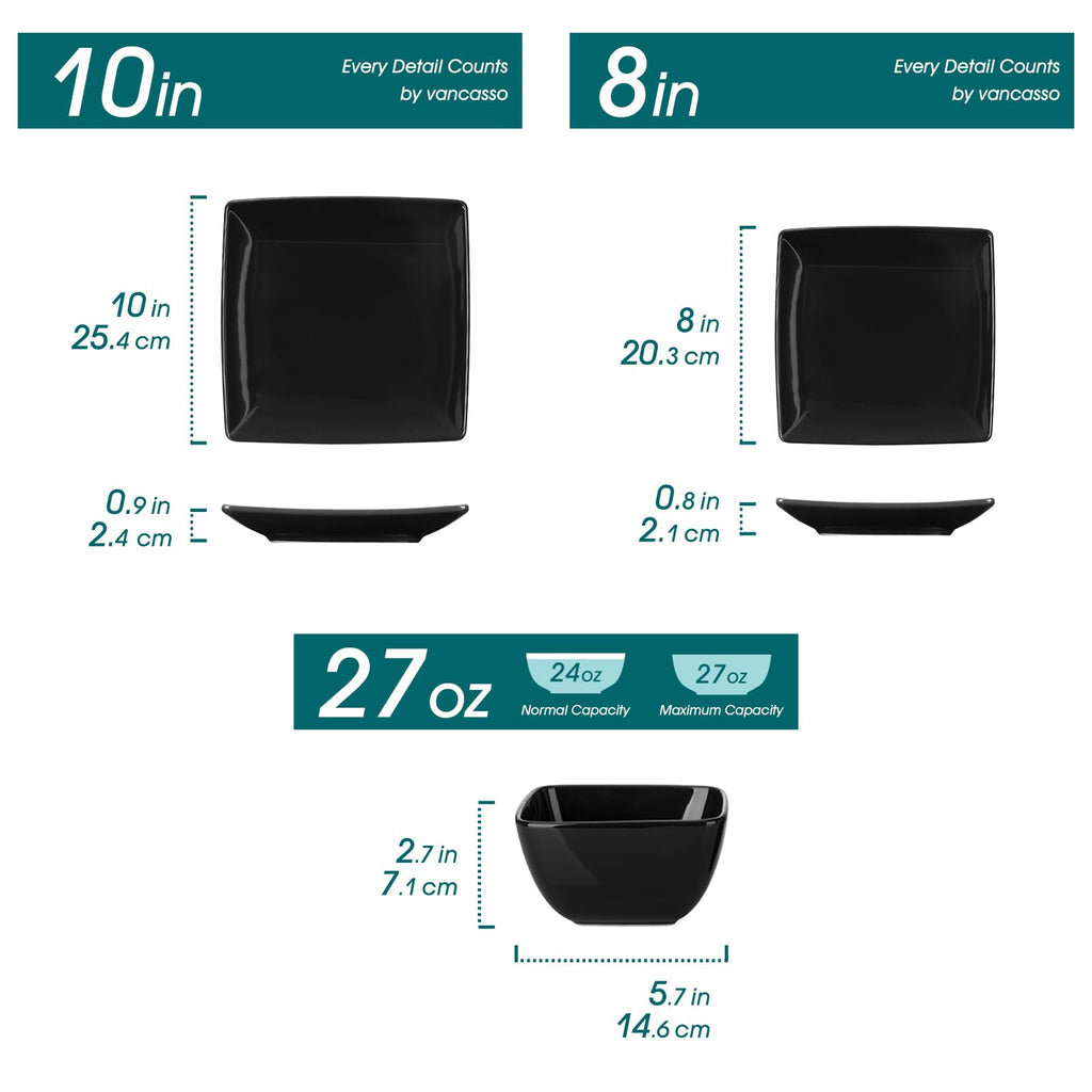 Soho Dinnerware Sets 12 Pieces, Black Stoneware Square Place Setting, Plates and Bowls Sets, Dinner Plate, Dishes Set