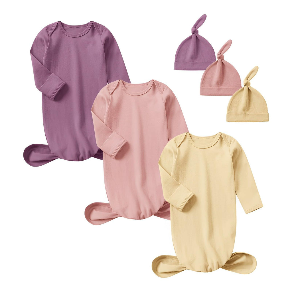 Knotted Gown Baby Girl Newborn Sleepers with Mitten Cuffs and Matching Hat - Long Sleeve Bodysuit