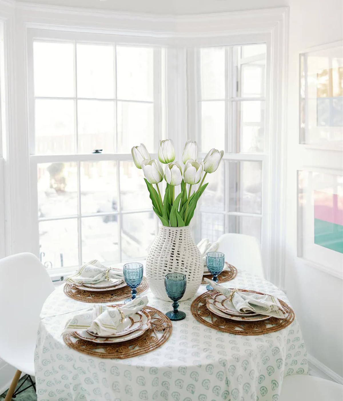 Artificial Tulips - 24" Long Stem Faux Tulips, 7PCS Real Touch Fake White Tulip for Vase, Farmhouse, Kitchen, Spring