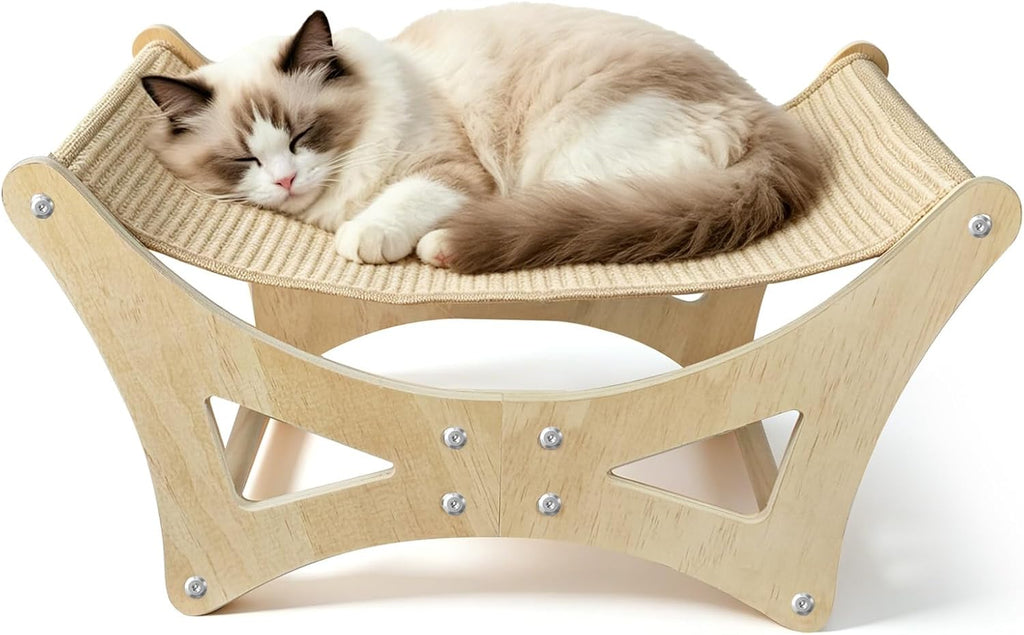 Cat Hammock Bed for Large Cats, Elevated Wooden Bed with Natural Sisal Scratching Mat, Cozy Lounge with Soft Cushion