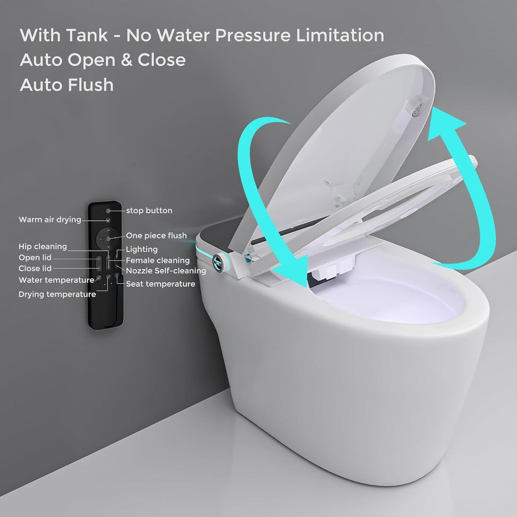 Auto Open/Close Lid Smart Toilet Bidet with Built-in Tank, Auto Flush & Wash, Elongated Heated Seat