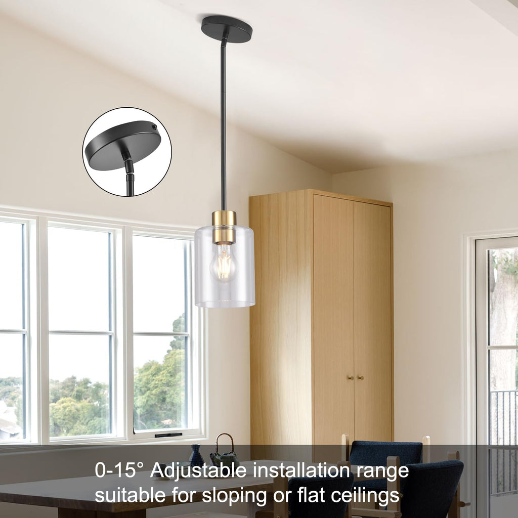 3 Pack Black Gold Pendant Lights Island, Brushed Brass Modern Hanging Light with Clear Glass Shade, Adjustable Metal