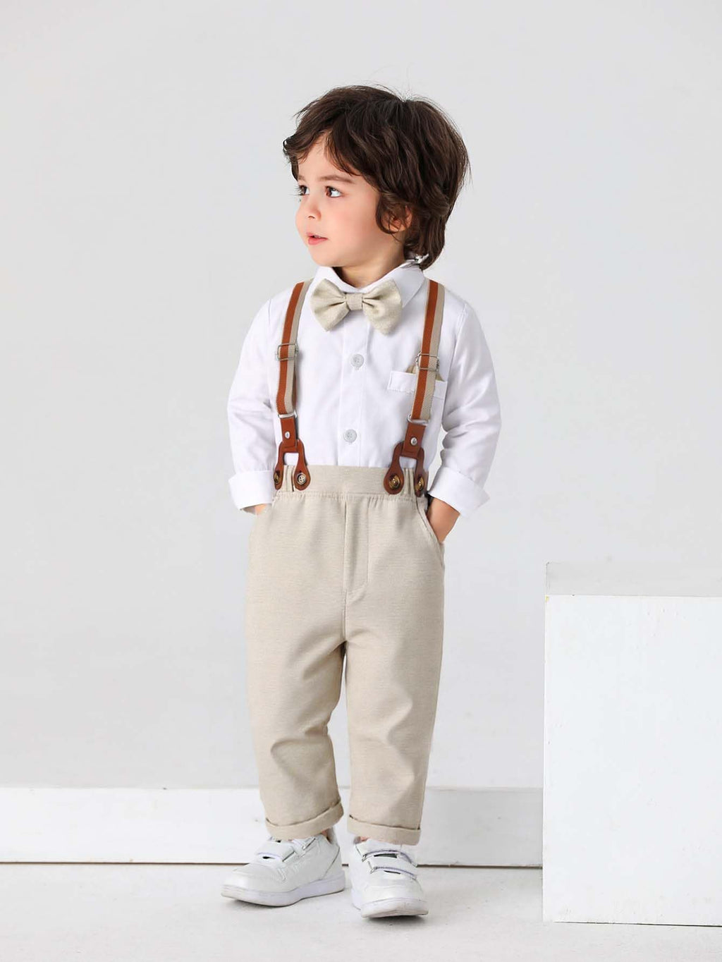 Baby Boys Gentleman Outfits Pants Sets,Infant Shirt + Pants + Bow Tie + Suspenders