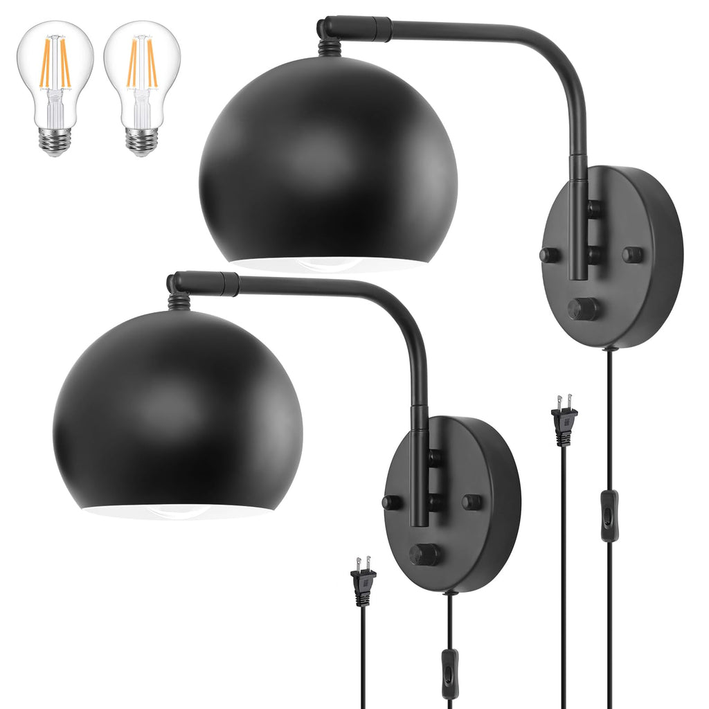 Dimmable Wall Sconces Set of 2, Plug in Wall Sconces Swing Arm Wall Lights with Plug in Cord and Dimmer On/Off Knob