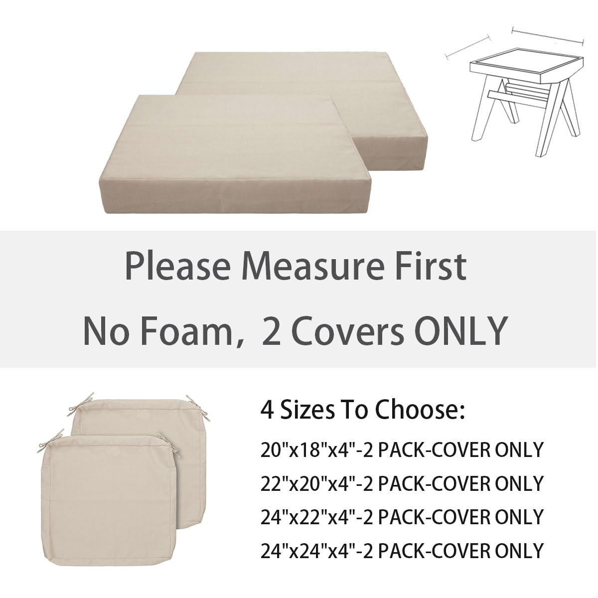 Outdoor Cushion Covers 20 x 18 x 4 inch, Set of 2, Replacement Seat Cushion Cover Furniture Chair, Water