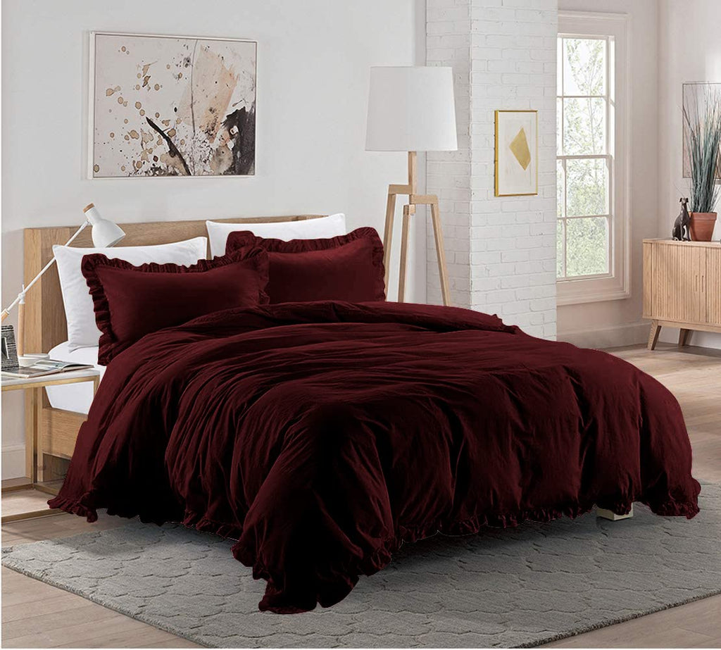1 Pieces Ruffle Duvet Cover with Zipper Closure, 100% Egyptian Cotton 1000 Thread Count (Full/Queen, Wine)