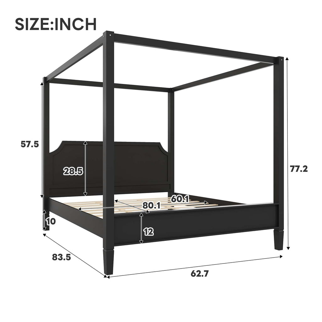 Wooden Canopy Platform Bed Frame with Headboard, 4-Poster Black Canopy Bed Frames with Sturdy Legs, Classic