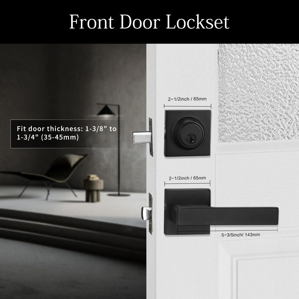 Black Door Handles with Lock, Zinc Exterior Door Lock Set