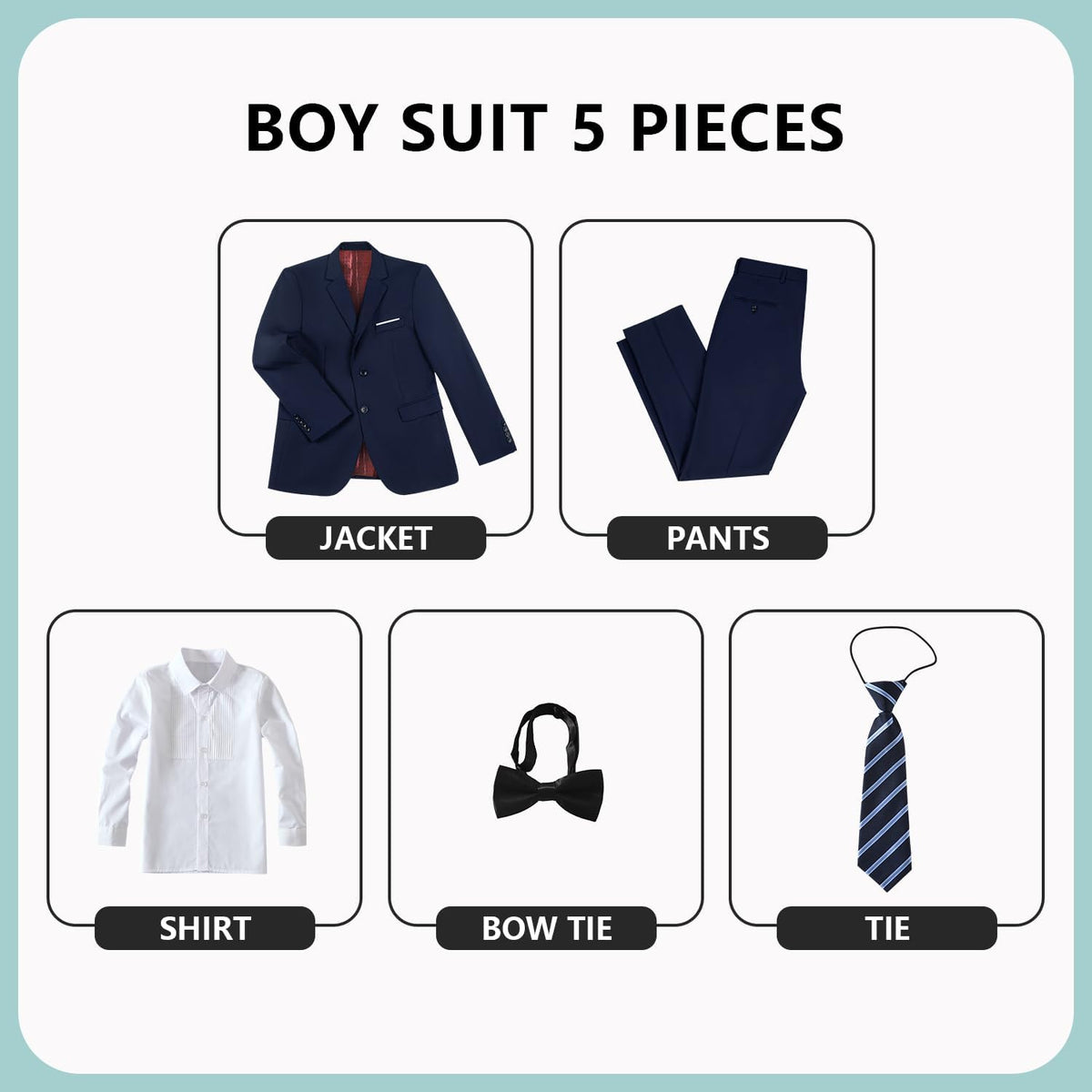 Boys Formal Suits Slim Fit 5 Piece Kids Jacket Pants Set with Shirt Tie