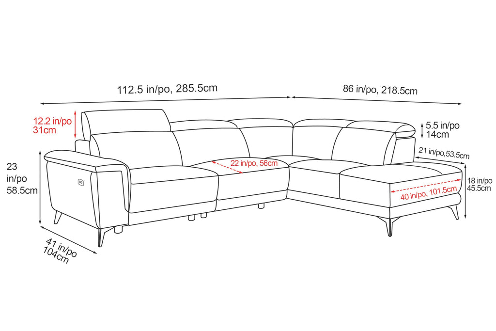 Pista Leather Reclining Sectional Sofa with Right Hand Chaise - Italian Nappa 11000 Top Grain Leather Couch - Power