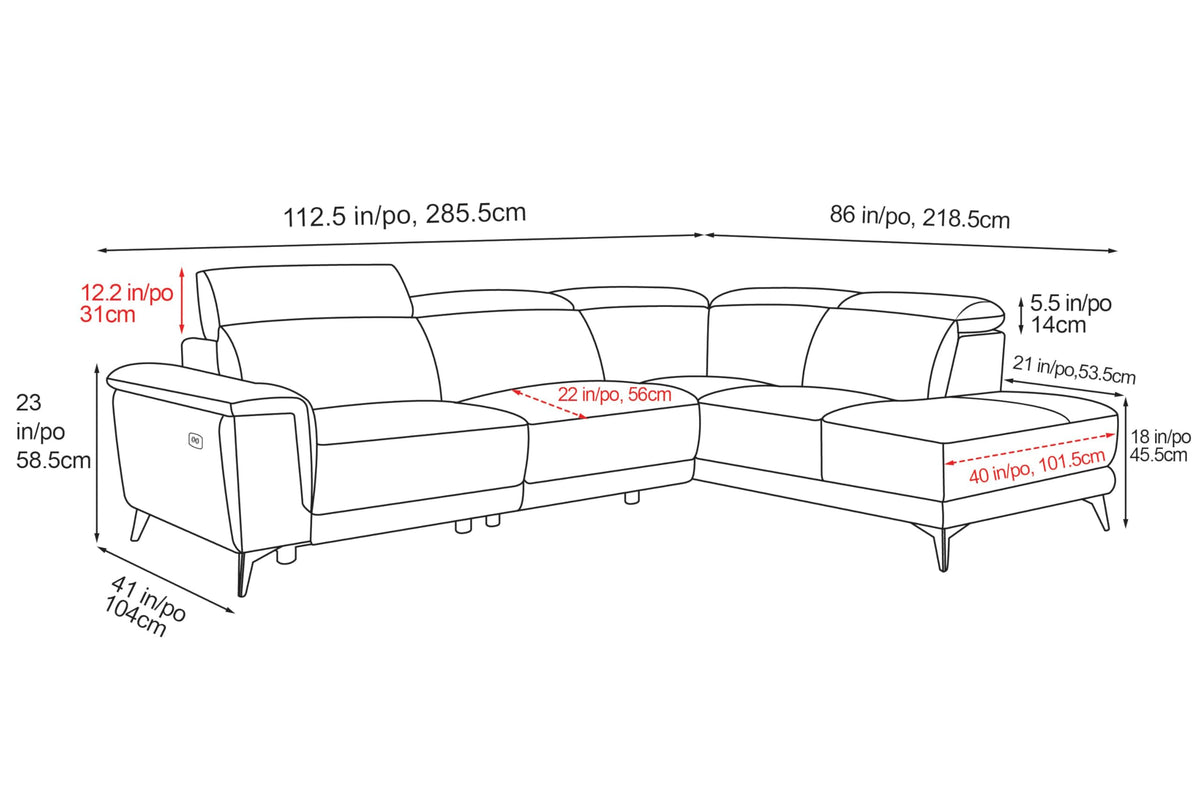 Pista Leather Reclining Sectional Sofa with Right Hand Chaise - Italian Nappa 11000 Top Grain Leather Couch - Power