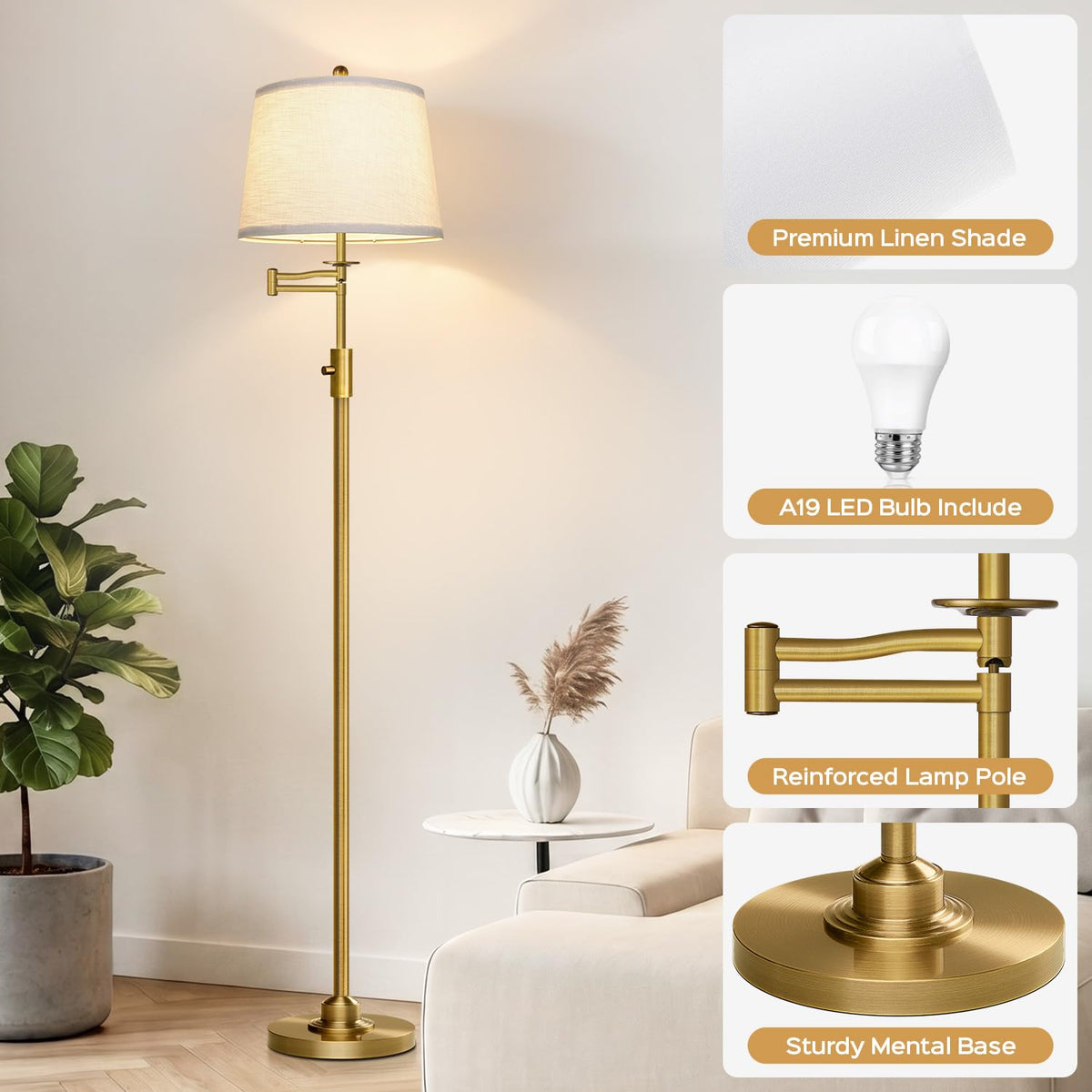Dimmable Floor Lamp with 350° Swing Arm, 9w Bulb Included, Antique Brass