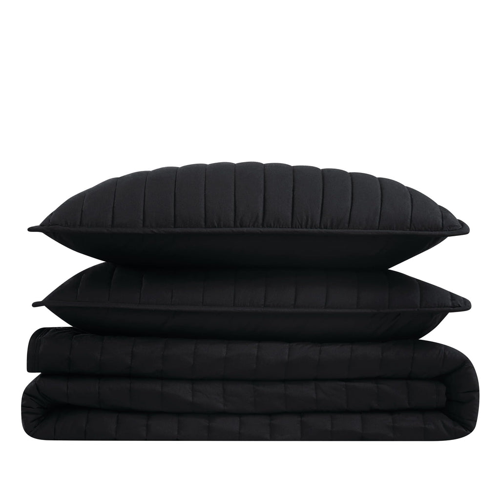 Solid Cotton Percale Black 3 Piece Quilt Set, Solid Color Themed, Oeko-TEX Certified Confidence