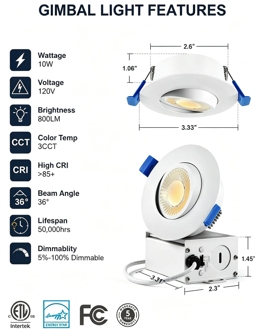 3 Inch Eyeball Gimbal Led Recessed Light,10W 800LM, 5%-100% Dimmable, 3 Color Temperature, IP44 Waterproof recessed