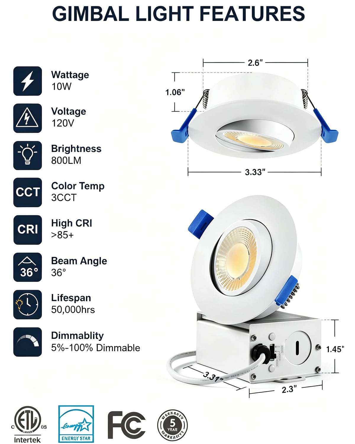 3 Inch Eyeball Gimbal Led Recessed Light,10W 800LM, 5%-100% Dimmable, 3 Color Temperature, IP44 Waterproof recessed