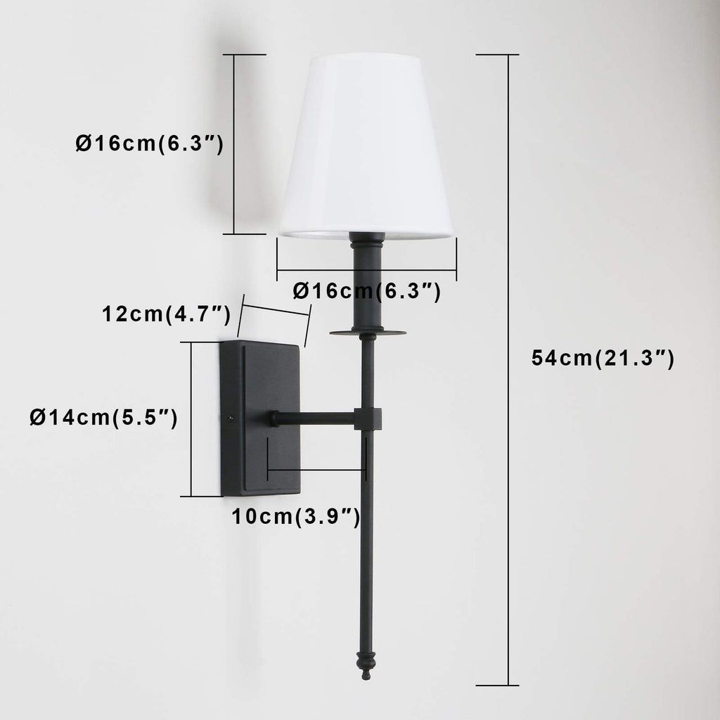 Set of 2 Classic Rustic Industrial Wall Sconce Lighting Fixture with Flared White Textile Lamp Shade and Black