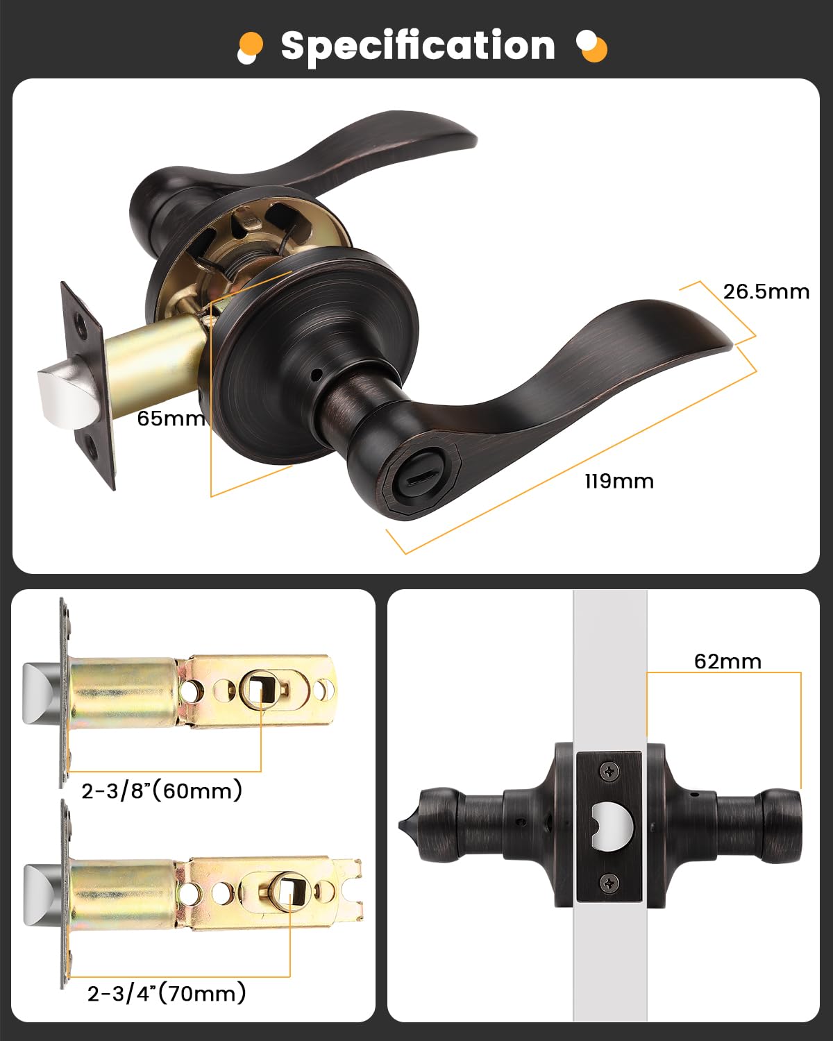 6 Pack Oil Rubbed Bronze Privacy Door Levers Bedroom, Keyless Door Locksets Knobs, Interior Door Handles with Lock