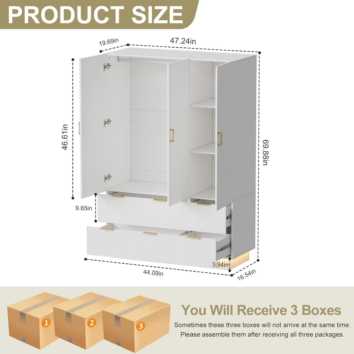 Armoire Wardrobe Closet with 3 Door, Mirror, LED Lights | Hanging Rod, Drawers, Bedroom Armoires - Large Capacity
