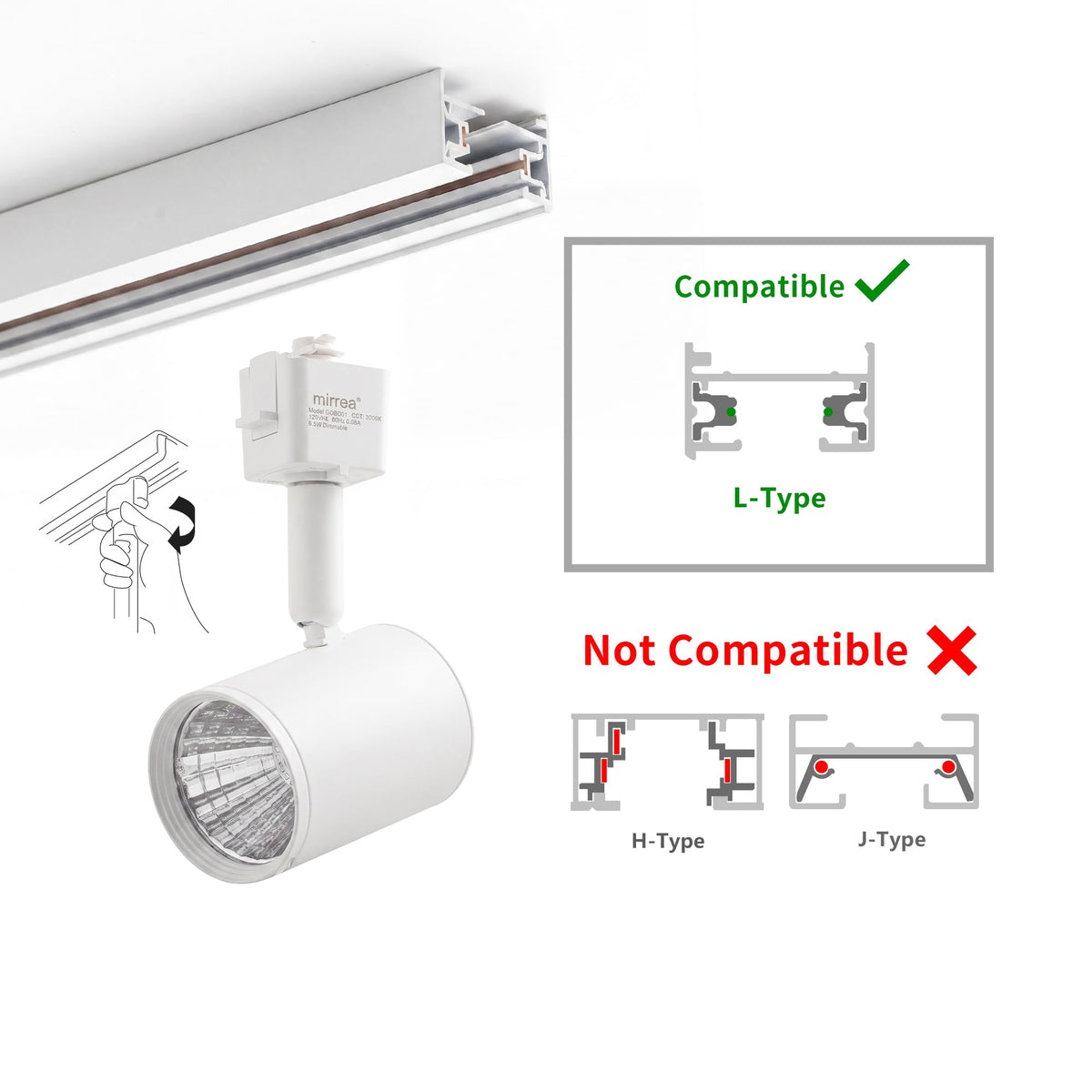 6.5W L Type LED Track Lighting Heads, White, 3000K, 6 Pack
