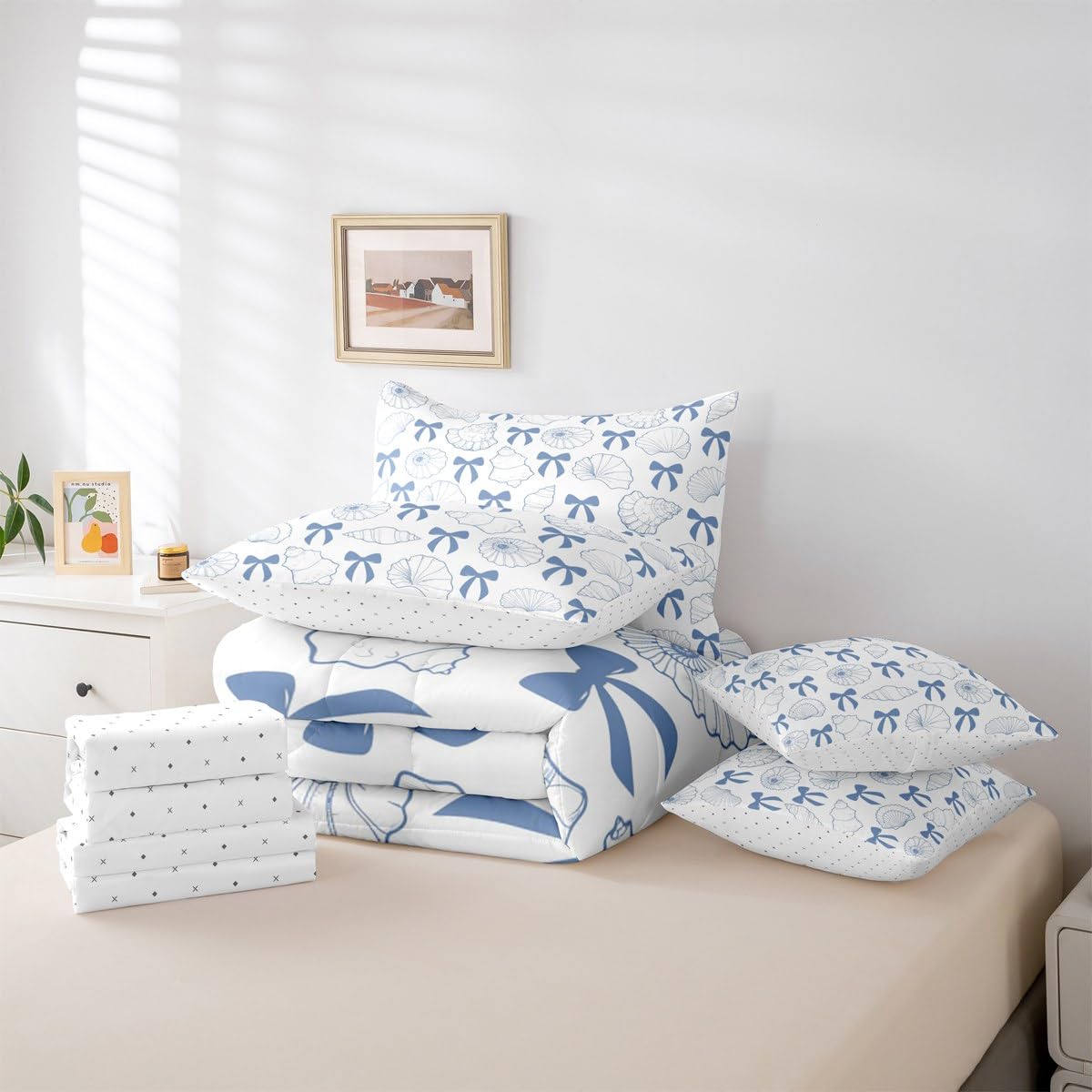 7 Pieces Blue Bowknot Comforter Set with Sheets