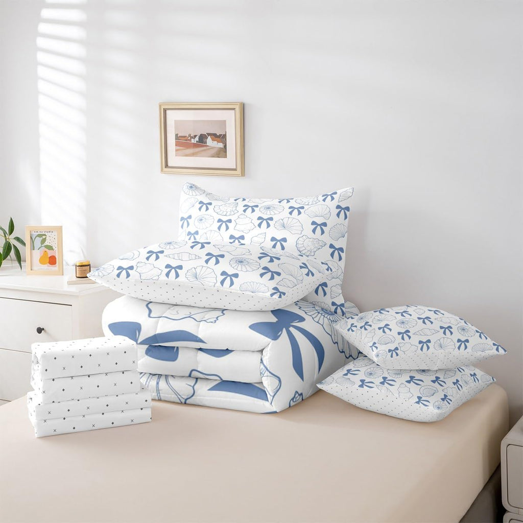 7 Pieces Blue Bowknot Comforter Set with Sheets