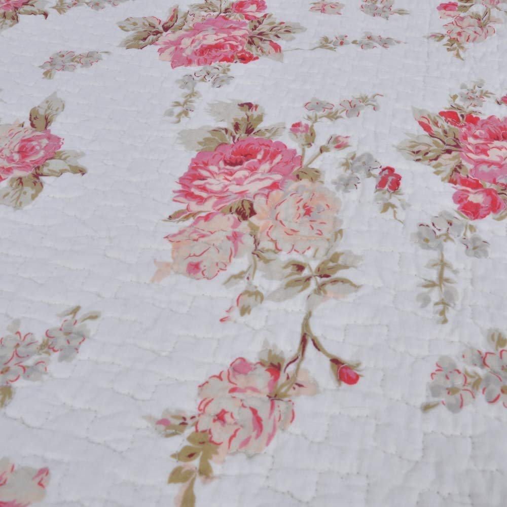 Josephine Spring Peony Pink Ivory Floral Shabby Chic Reversible 100% Cotton Quilted Throw Blanket 60" x 50" Machine