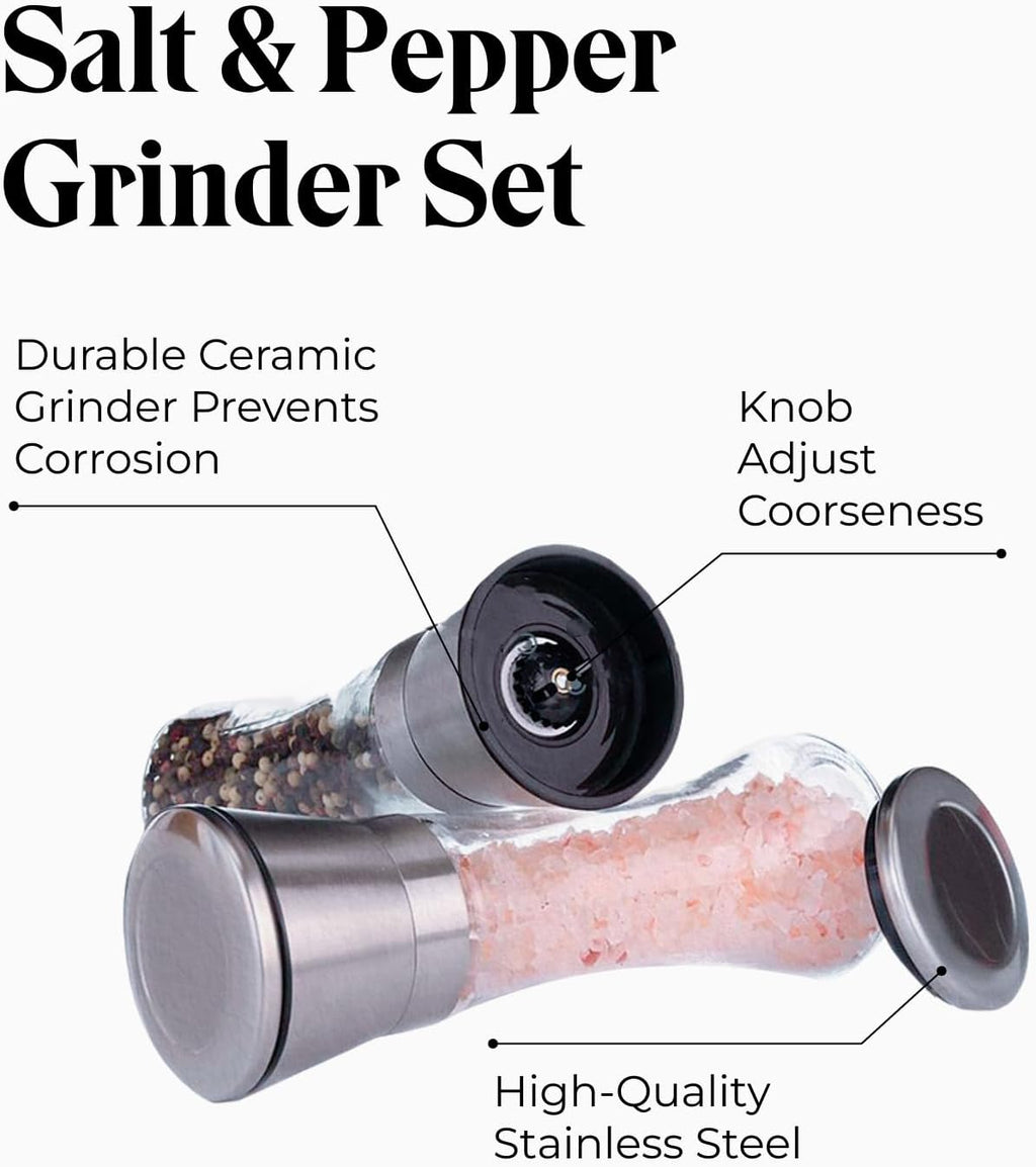 Salt & Pepper Grinder Set with Stand - Stainless Steel Manual Mills & Holder with Adjustable Coarseness, Refillable - Set of 2