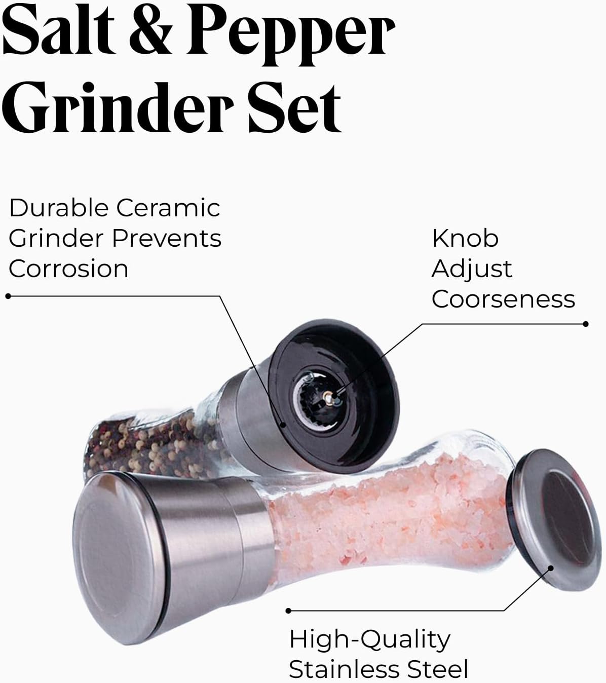 Salt & Pepper Grinder Set with Stand - Stainless Steel Manual Mills & Holder with Adjustable Coarseness, Refillable - Set of 2