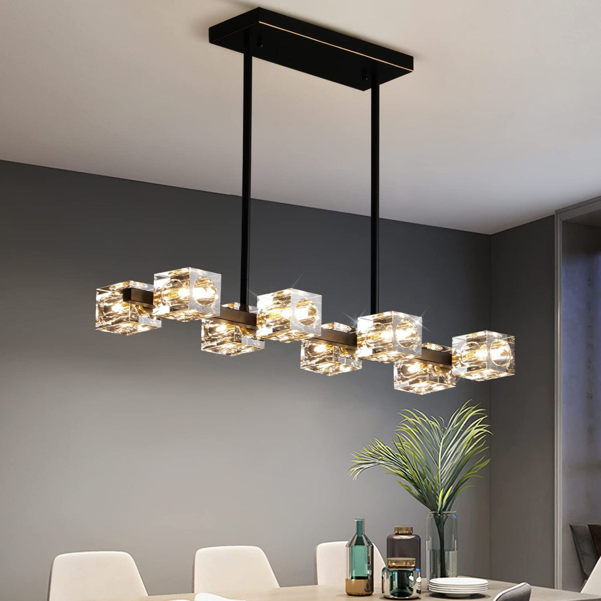 Crystal Chandeliers,8 Light Black and Gold Linear Dining Room Light Fixture Adjustable Height Hanging Ceiling Light